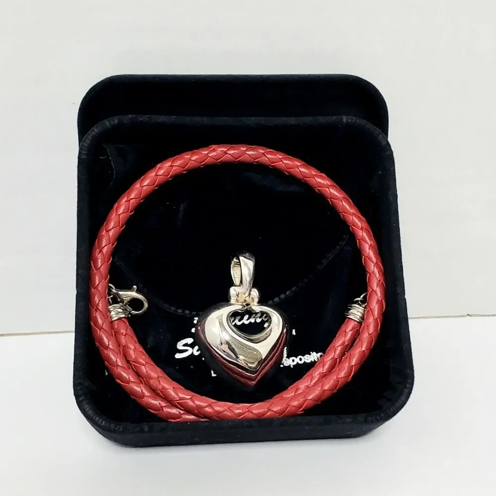 Joseph Esposito 925 Sterling Silver Heart Pendant Red Braided Leather Necklace - Picture 1 of 6
